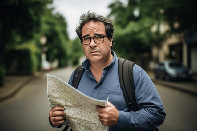 lost-in-france - JJ Travel Associates - Best Travel Agents in NJ Man holding a map in a foreign country